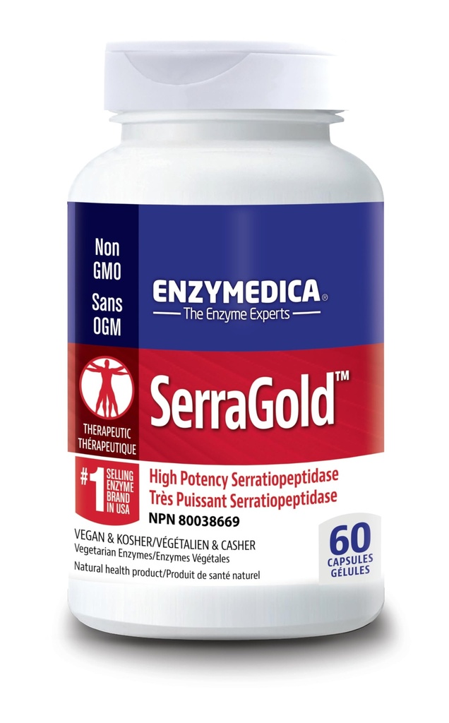 Enzymedica, SerraGold, supplément d'enzyme Serrapeptase haute puissance, soutient la fonction respiratoire, cardiaque et immunitaire, 60 comte