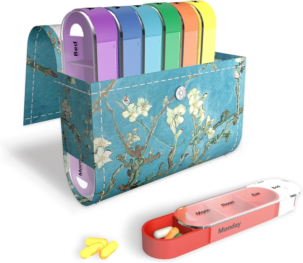 Pill Organizer, LIZIMANDU Weekly Travel Pill Case Box Medication Reminder Daily AM, Day Night 7 Compartments,für 4 Mal A Day, 7 Tage pro Woche-Includes Leather PU Carrying Case(Peach Blossom)