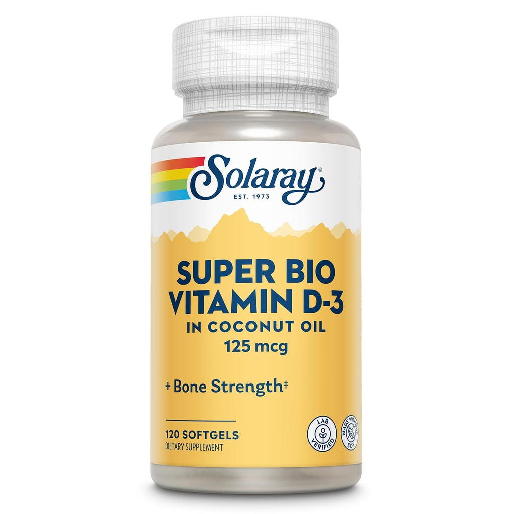 SOLARAY Super Bio Vitamin D3 in Kokosöl - D3 Vitamin 5000 IU - Knochengesundheit und Immununterstützungsergänzung - Lab Verified, Made Wtihout Soy, 60-Day Garantie - 120 Softgels, 120 Servietten