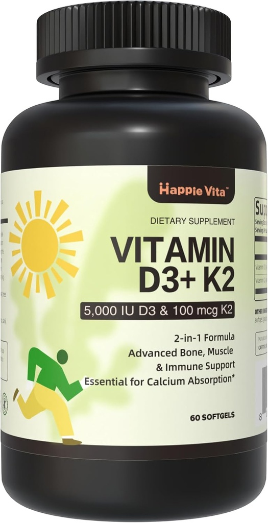 Vitamin D3 K2, Vitamin D3 5000 IU (125 mcg) + Vitamin K2 100 mcg, 2 in 1 D3 und K2 Beilagen für Knochen, Zähne, Muskel- und Immungesundheitsunterstützung, 60 Softgels