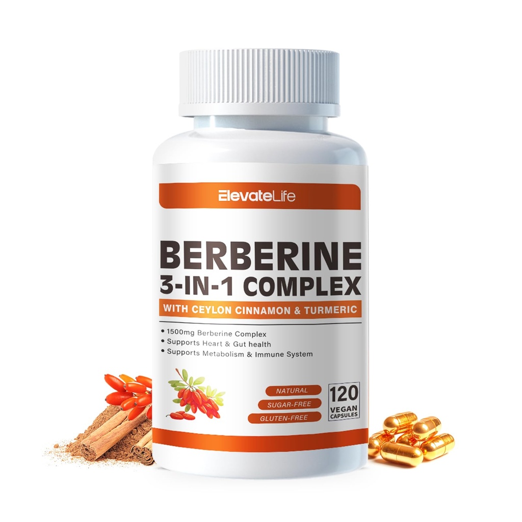 ElevateLife Berberine Supplement - Berberine 1500mg pro Servierung,120 Kapseln - Berberine HCI - Berberine Plus - Plus Pure True Ceylon Cinnamon, Berberine HCI Root Supplements Pillen