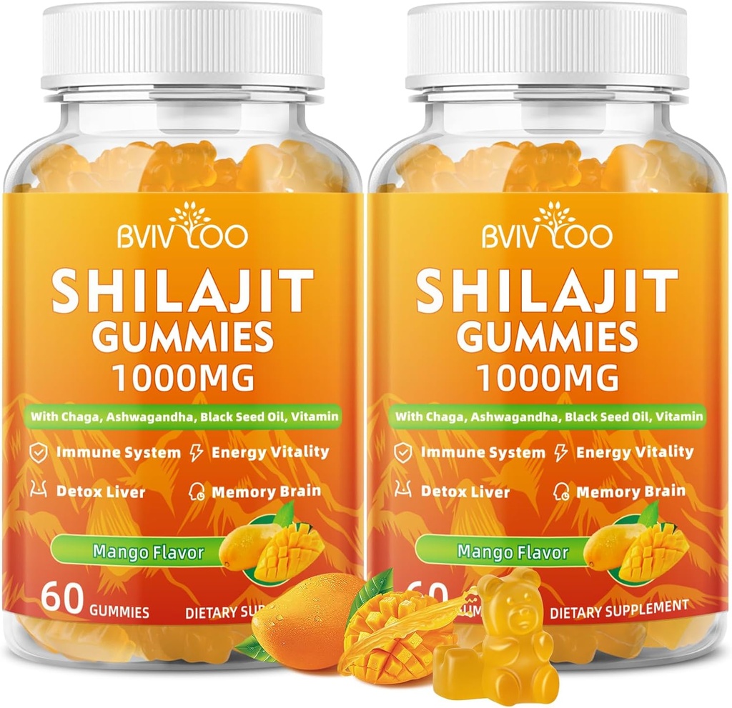2 Packs Shilajit Gummies 1000mg Sugar Free - Shilajit Supplement für Herren & Frauen - High in 85+ Trace Minerals & Fulvic Acid - Energie, Gehirn, Immunität - 120 Gummis