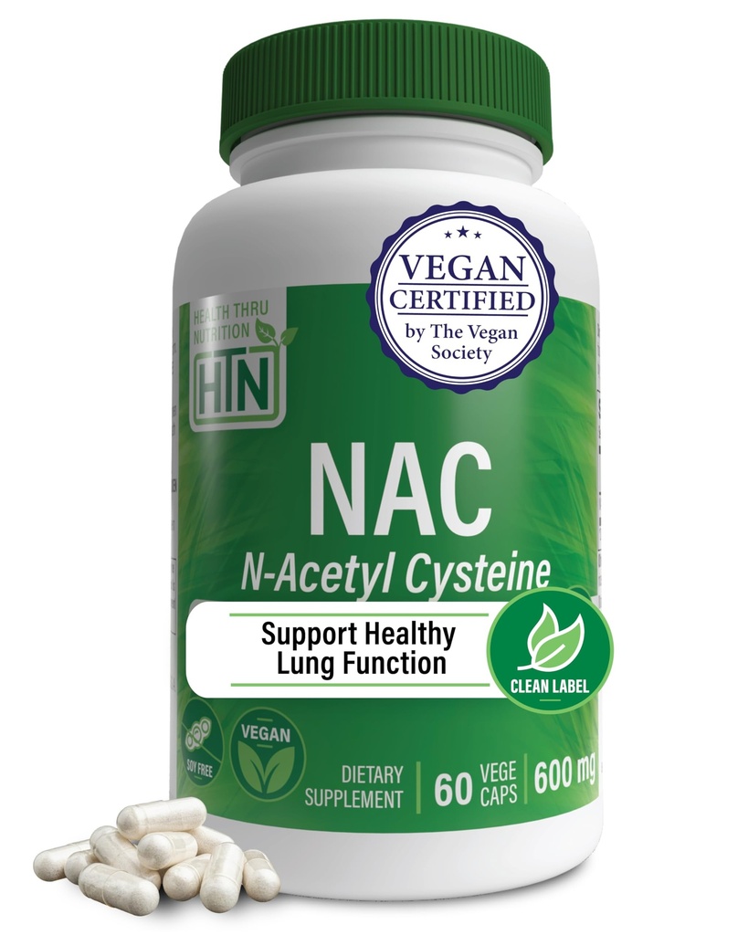 Health Thru Nutrition NAC N-Acetyl-Cysteine 600mg 60 Capsules | Vegan Certified | The Purest NAC Supplement | Supports Healthy Lung, Liver Functions & Cellular Health | Non-GMO Soy & Gluten Free