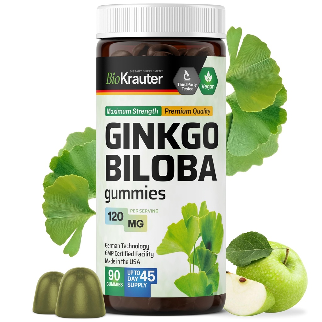 BIO KRAUTER Ginkgo Biloba Gummi - 90 Vegan Chews - Ginkgo Biloba Ergänzungen für Brain-Unterstützung - 120 mg Standardisierte Extrakt - Pectin-Based Formel