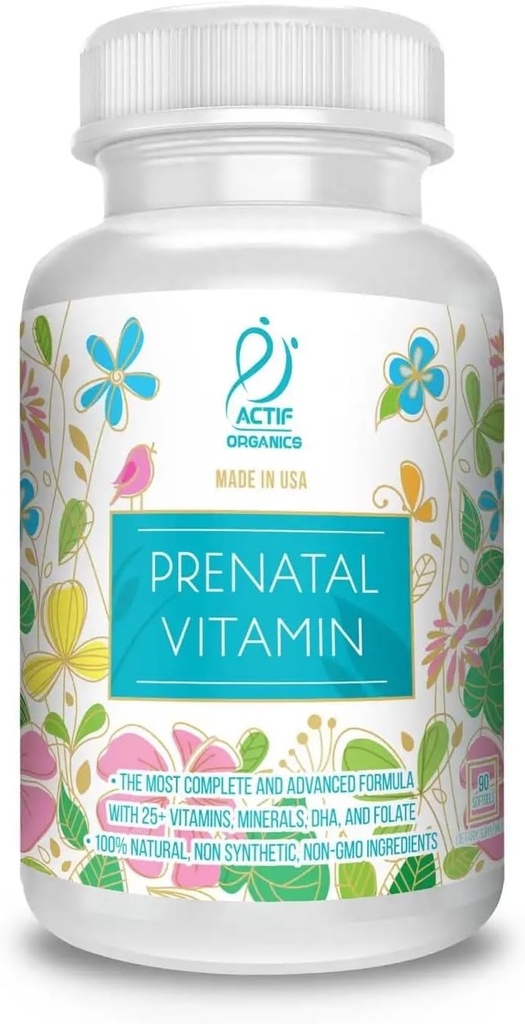 ACTIF Vitamine prénatale biologique avec 30+ Vitamines organiques, 100% Naturel, DHA, EPA, Oméga 3, et mélange à base de plantes organiques - Non-OGM, 45 portions