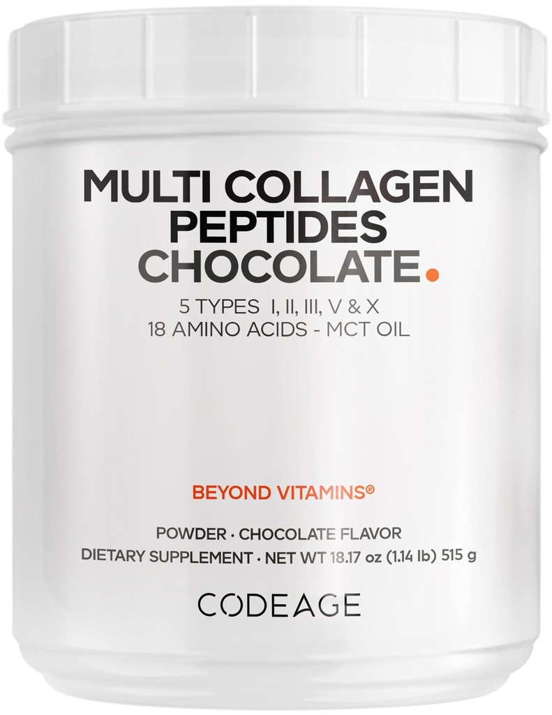 Codeage Multi Collagen Schokoladenprotein Pulver - Hydrolysed Bovine Collagen Peptide, 5 Collagen Arten & MCT Öl - Collagen Creamer, Chocolate Collagen Peptide - Protein Shakes - Non-GMO - 18.17 oz