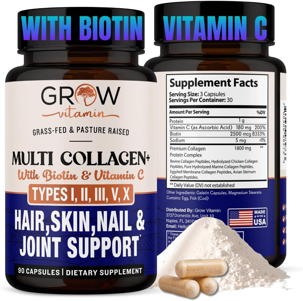 Vitamin Multi Collagen Kapseln wachsen - Arten I, II, III, V & X | Hydrolysierte Mischung mit Biotin & Vitamin C für Haar, Haut, Nägel 90 Kapseln