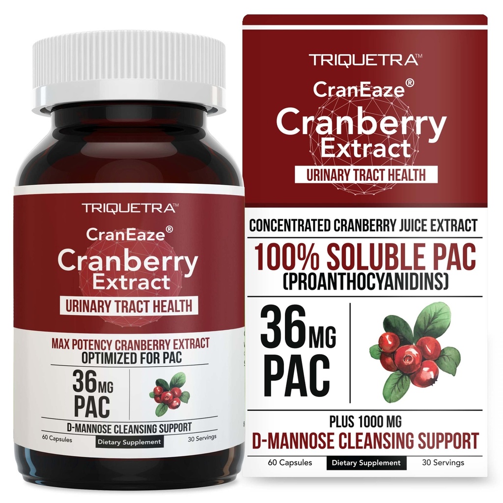 CranEaze®: Cranberry Juice Extract Plus D-Mannose – 36 mg PAC, 100% löslicher PAC - Unterstützt Urinary Tract Health – Die effektivsten Cranberry Pillen für Damen, UTI Cranberry Supplement - 60 Kapseln