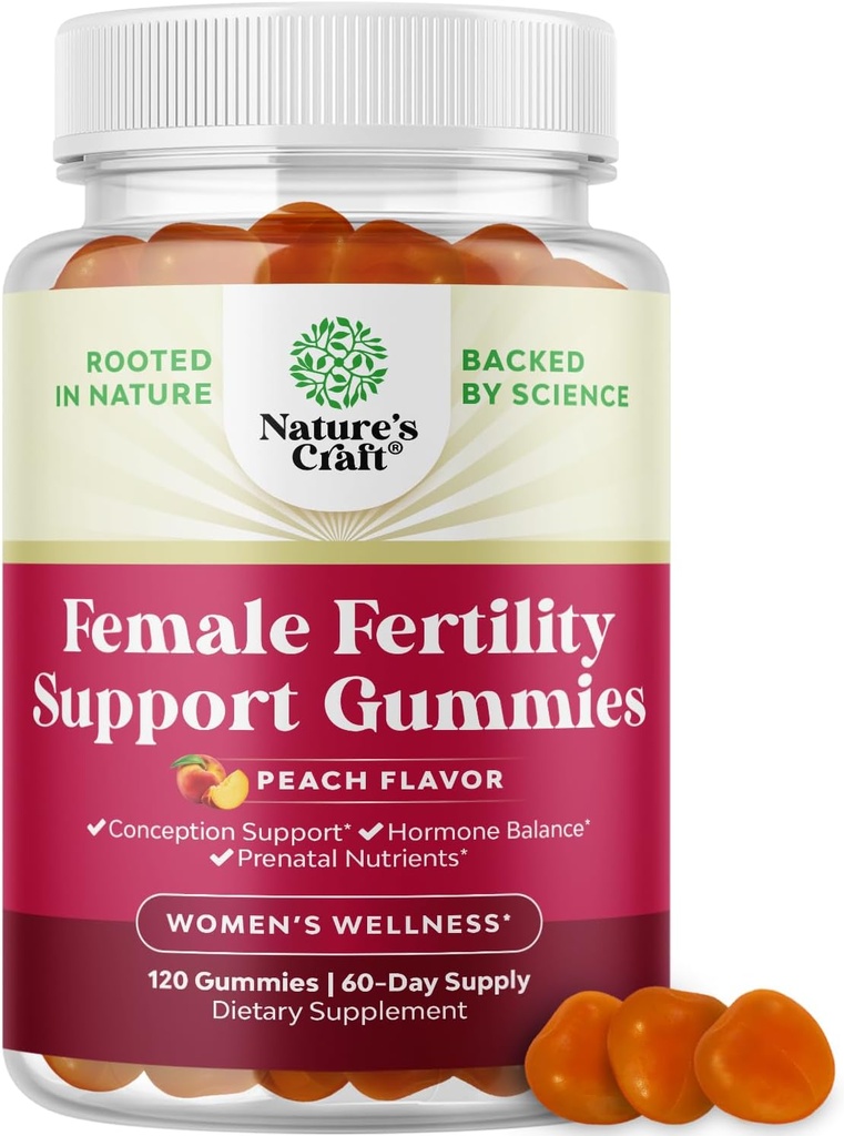 Gummies de fertilité pour les femmes essayant de concevoir - Supplément de fertilité pour les femmes avec l'acide folique du Myo-Inositol et la chasteberry du Vitex - Vegan non-OGM et sans gluten - pêche juteuse (60 portions)