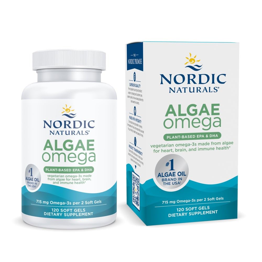 Nordic Naturals Algae Omega - 120 gels mous - 715 mg Omega-3 - Huile d'algue végétalienne certifiée - EPA et DHA à base végétale - Santé du coeur, des yeux, des immunes et du cerveau - Non-OGM - 60 portions