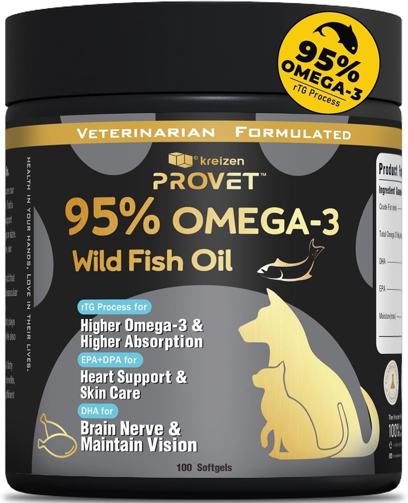 95% Omega 3 Fischöl für Hunde & Katzen, Vet-Formuliert mit RTG verarbeitetem Lachsöl, Maximum EPA & DHA, unterstützt Herz, Haut, Mantel, Gelenk, Herz & Immungesundheit, 100 Weichgel