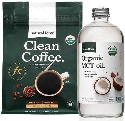 Bio Force Bio Roast Clean Coffee + Bio MCT Oil Bundle – 100% pur Coconut MCTs & Mold & Mycotoxine sans café – Non-OGM, Keto, Paleo et Vegan - 12 Oz et 16 Oz