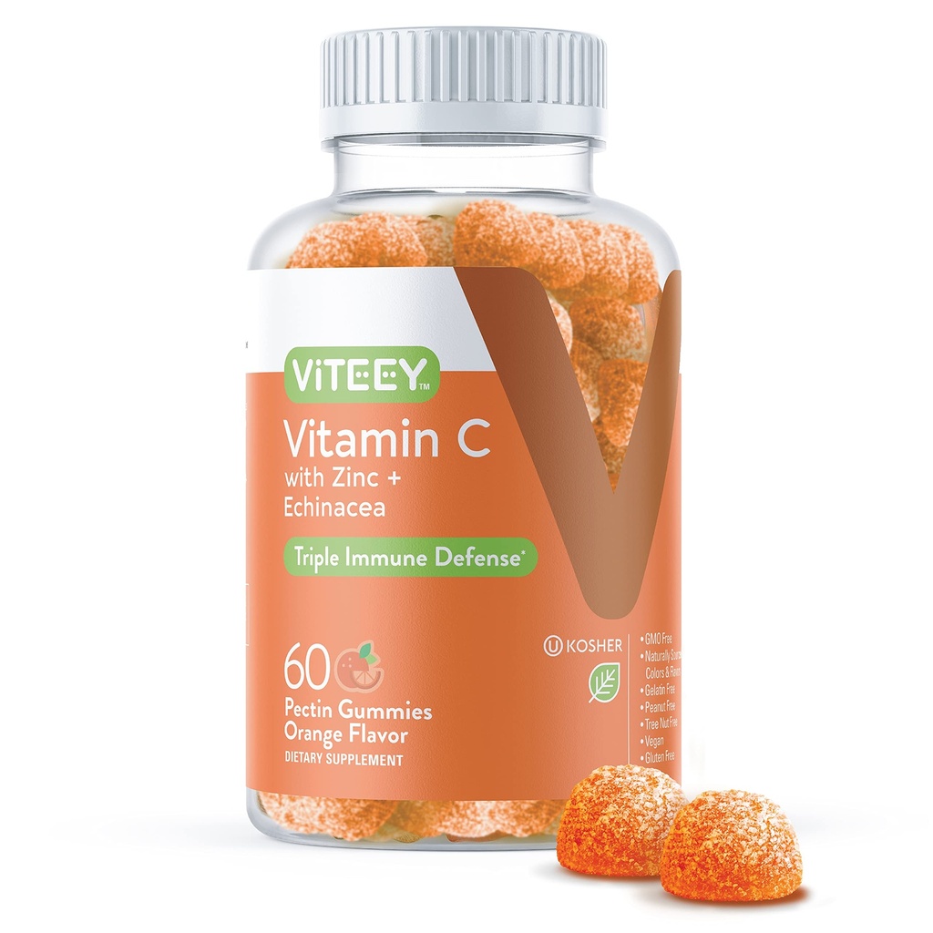 Viteey Vitamine C Gommies pour adultes et adolescents avec du zinc et de l'échinacée - Gommies de soutien immunitaire - Végétalien, sans gélatine, sans gluten, sans OGM - Gommy aromatisé à l'orange, goûteux en vitamine C