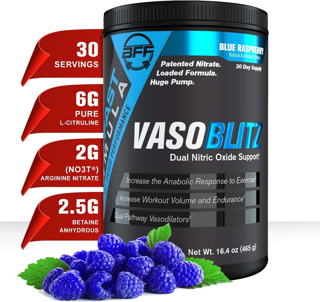 VASOBLITZ Award Gewinner Dual Nitric Oxid Pre Workout mit NO3T Arginin Nitrat,L-Citrulline, Betaine Anhydrous,Calcium Lactate,Koffein frei für Muskel Endurance (30 Servieren) (Blaue Himbeere)