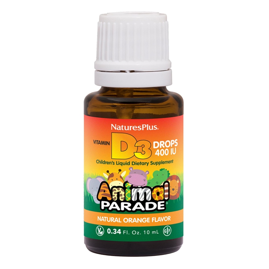NaturesPlus Tier Parade Flüssiges Vitamin D3 Tropfen für Kinder - 400 IU, 10 mL - Orange Flavor - Knochengesundheit & Immunsystem Unterstützungsergänzung - Glutenfrei, Vegetarisch - 365 Servierungen