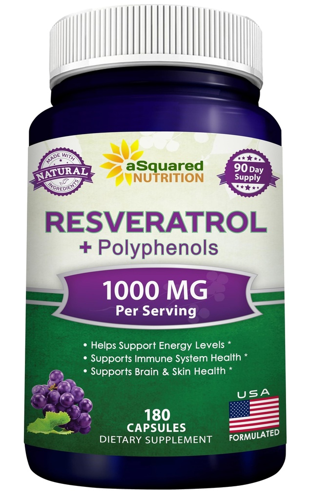 aSquared Nutrition Resveratrol naturel avec extrait de vin rouge - 180 Capsules - Trans Resveratrol Antioxydant Supplément pilules pour la santé du coeur pur - Trans-Resveratrol extra-fort