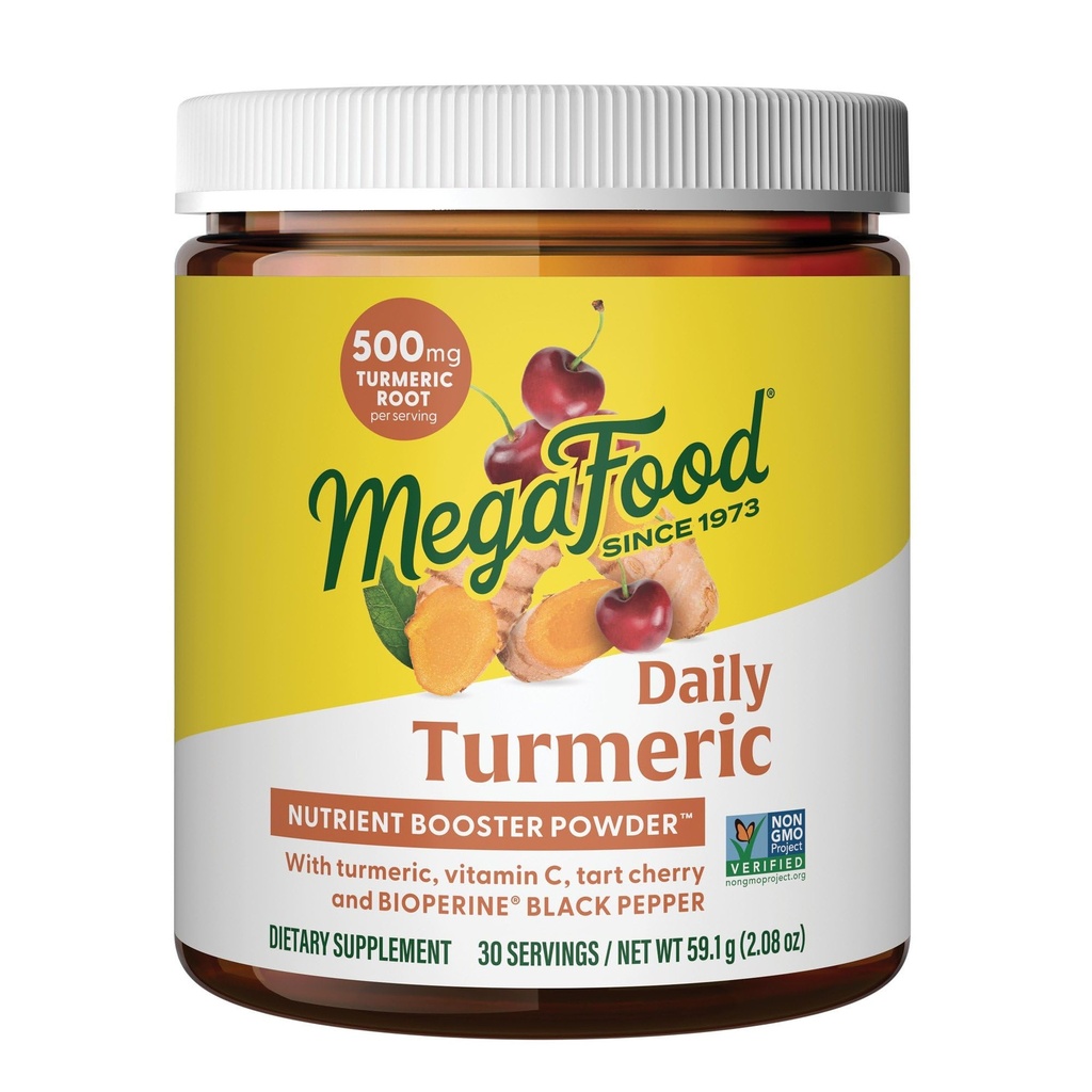 Poudre quotidienne de booster d'éléments nutritifs de MegaFood - supplément curcuma - avec extrait de poivre noir, cerise de tart et vitamine C - végétalien - fabriqué sans 9 allergènes alimentaires - 2,08 Oz (30 portions)