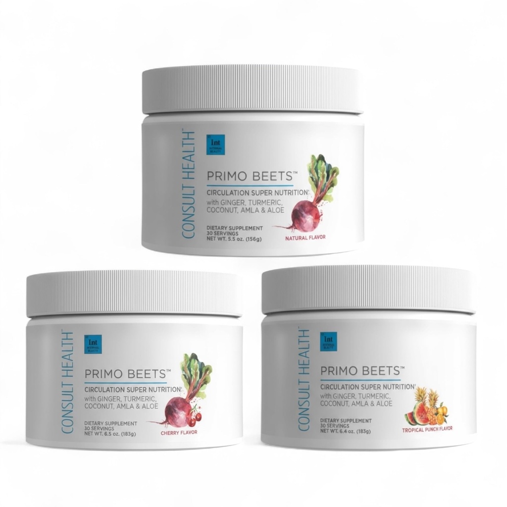 Consultez Santé Primo Beets Beet Root Powder Drink Mix avec des nitrates, support quotidien de la circulation avec gingembre et curcuma, 3 packs de saveurs, cerise, myrtilles et fraises Cimonade 6,5 oz Chaque