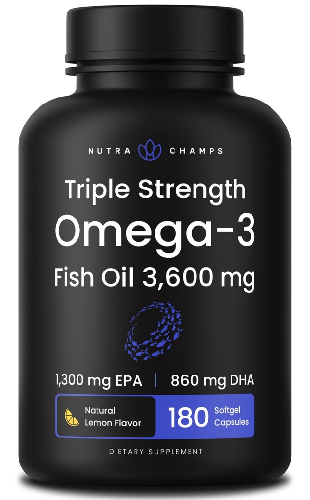 Triple Strength Omega 3 Fish Oil 3600 mg | EPA & DHA | 180 Softgels | Burpless Fish Oil Supplement, Wild Caught | über 2100mg Omega-3 Fettsäuren Ergänzungen | Natürliche Zitronen Geschmack Omega 3 Pillen