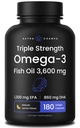 Triple Strength Omega 3 Fish Oil 3600 mg | EPA & DHA | 180 Softgels | Burpless Fish Oil Supplement, Wild Caught | über 2100mg Omega-3 Fettsäuren Ergänzungen | Natürliche Zitronen Geschmack Omega 3 Pillen