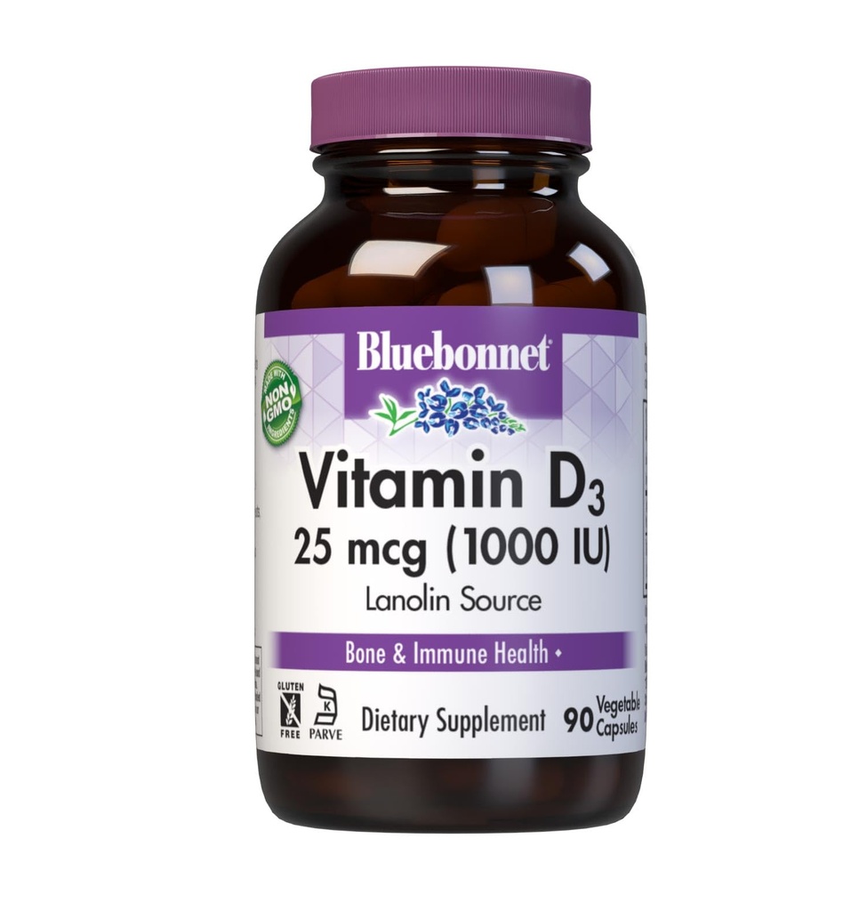 BlueBonnet Nutrition Vitamin D3 1000 IU, Hilfsmittel im Muskel- und Skelettwachstum, Cholecalciferol von Lanolin, Non GMO, Glutenfrei, Sojafrei, Milchfrei, Kosher, 90 Gemüsekapsel, Weiß