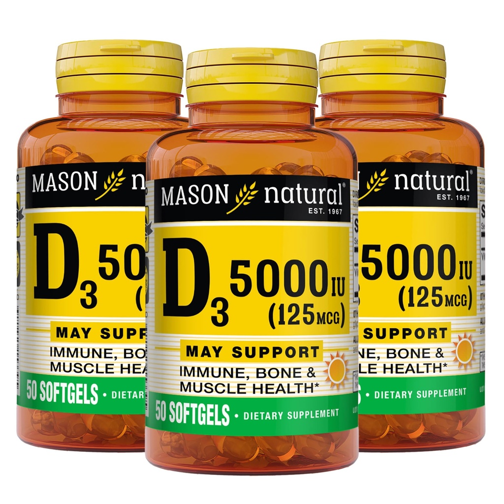 MASON NATURAL Vitamin D3 125 mcg (5000 IU) - Unterstützt allgemeine Gesundheit, stärkt Knochen und Muskeln, aus Fisch Leberöl, 50 Softgels (Pack von 3)