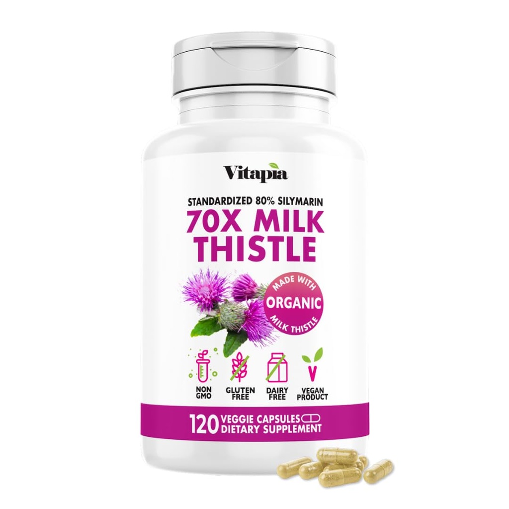 Extrait de chardon de lait biologique de Vitapia 70:1 Supplément - Nettoyez le foie Détox & Réparation, L'aide à la santé du foie, Antioxydants - 120 Capsules Vegan, Non OGM, Sans gluten