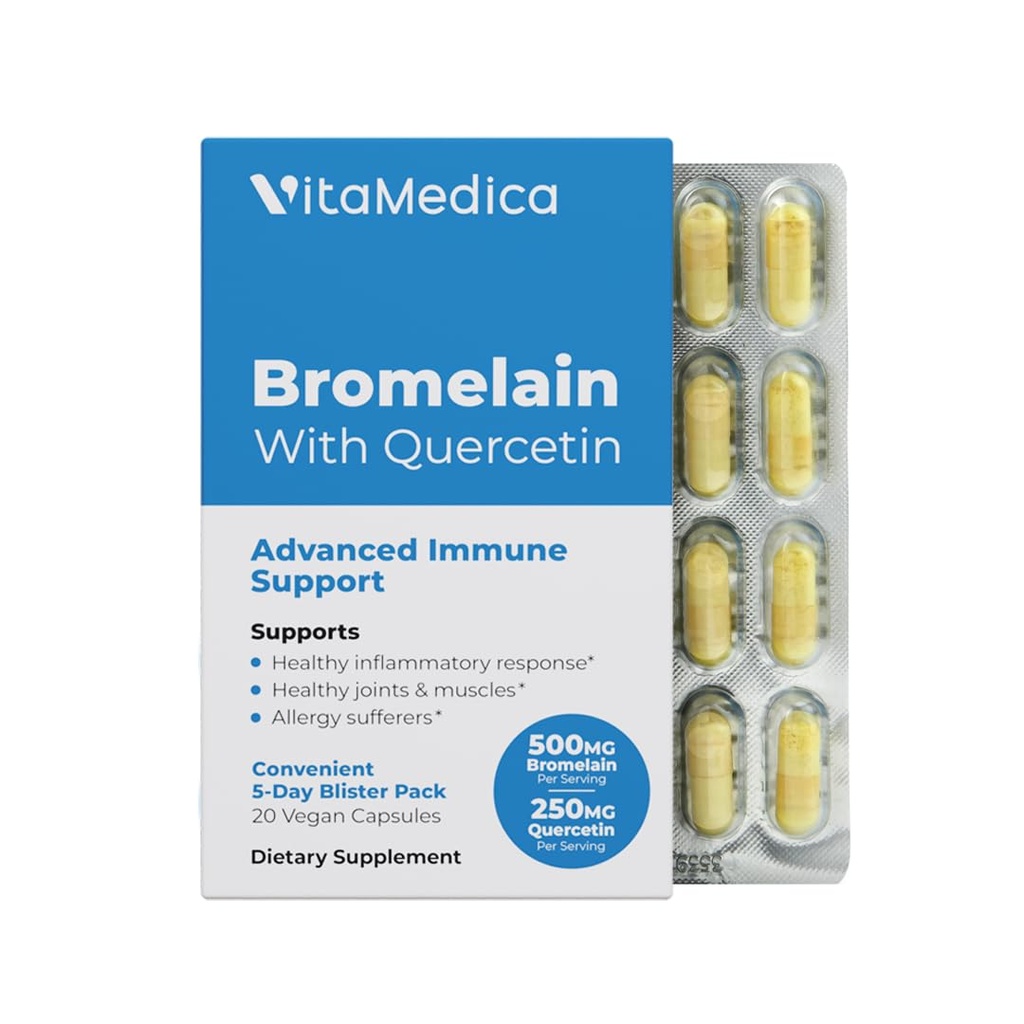 VitaMedica Bromelain & Quercetin Supplement - 500mg Bromelain 250mg Quercetin - 2400 GDU für Immunität, Gelenkunterstützung, Entzündung und Muskelrückgewinnung - 20 Vegan Kapseln - 5 Tage Versorgung