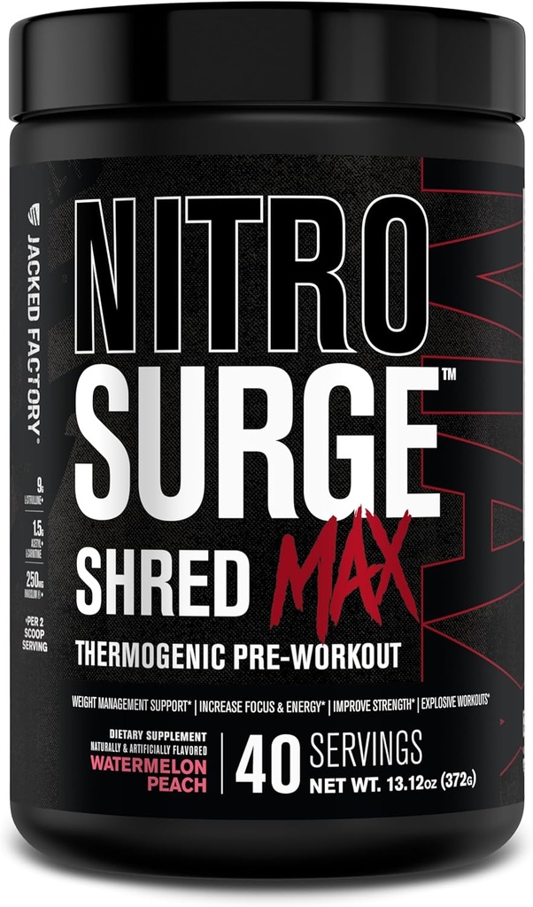 Jacked Factory Nitrosurge Shred Max Preworkout - High-Performance Thermogenic Pre Workout Pulver für Männer und Frauen - L Citrulline, Acetyl L Carnitin, Organic Caffeine - 40 Servierungen, Watermelon Peach