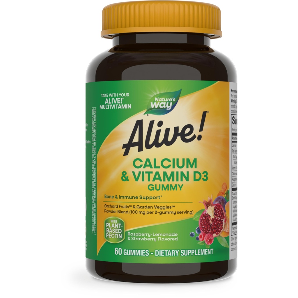 Nature's Way Alive! Kaubare Kalziumgummis mit Vitamin D3, Tägliche Ergänzung Unterstützt gesunde Knochen und Zähne, und Muskelfunktion*, Erdbeere und Himbeer-Lemonade Flavored, 60 Gummies