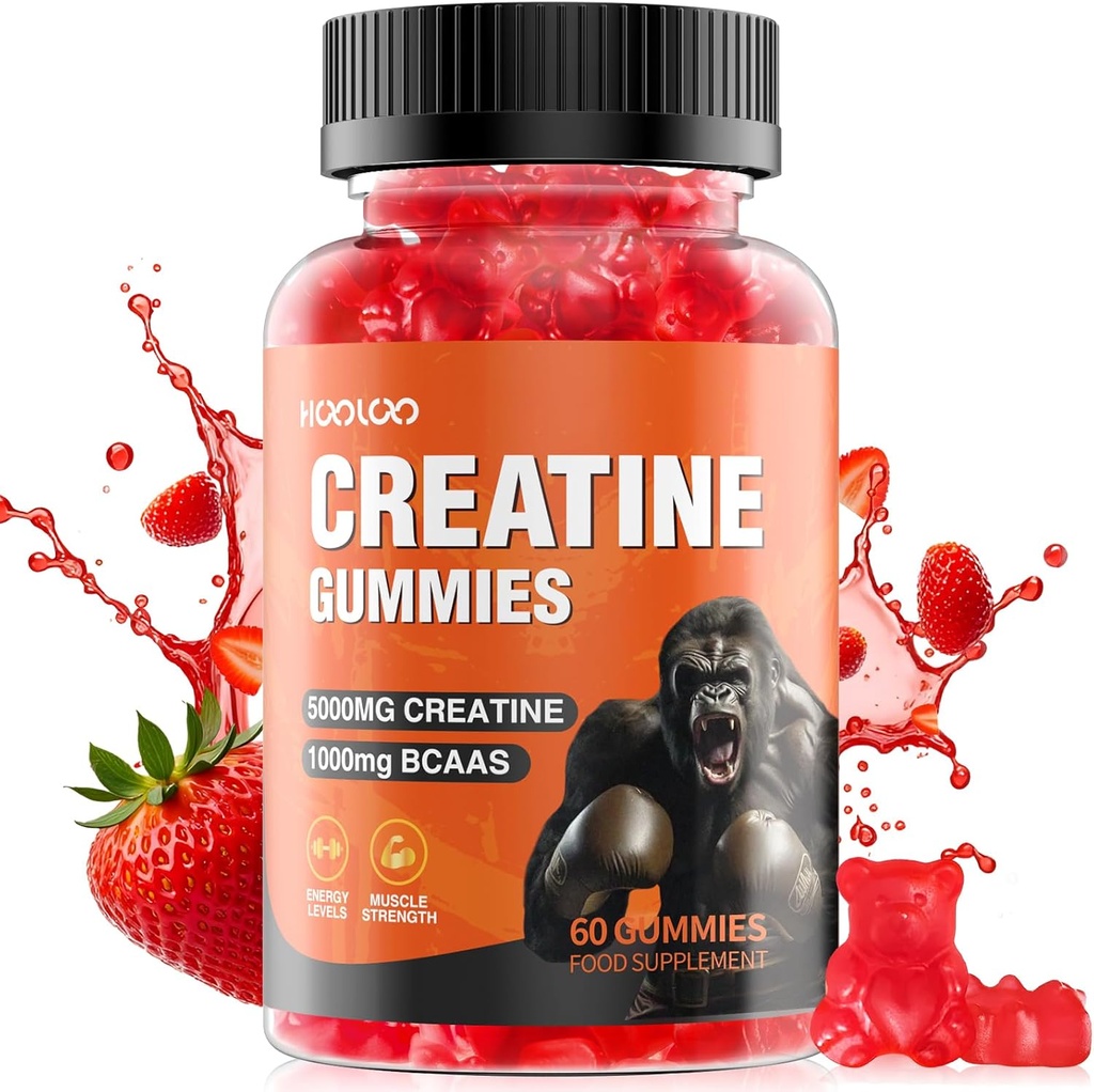 HOOLOO Creatine Gummies 5000mg Creatine Monohydrate, 1000mg BCAAs pro Servieren - Kaubare Vegan Sugar Free Gummies, Erdbeeren Aroma (1 Month Supply)