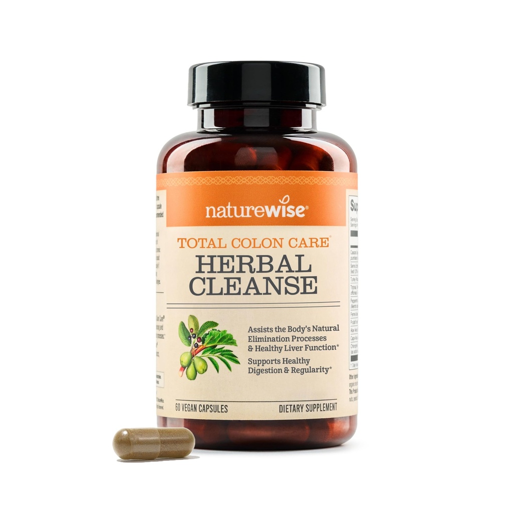 Naturewise Total Colon Care Herbal Cleanse - Avec Prébiotiques, Botaniques et Antioxydants - pour le mouvement régulier Bowel, Digestion, Santé Gut - Vegan, Sans gluten, Non-OGM - 60 Capsules[2-Mois]