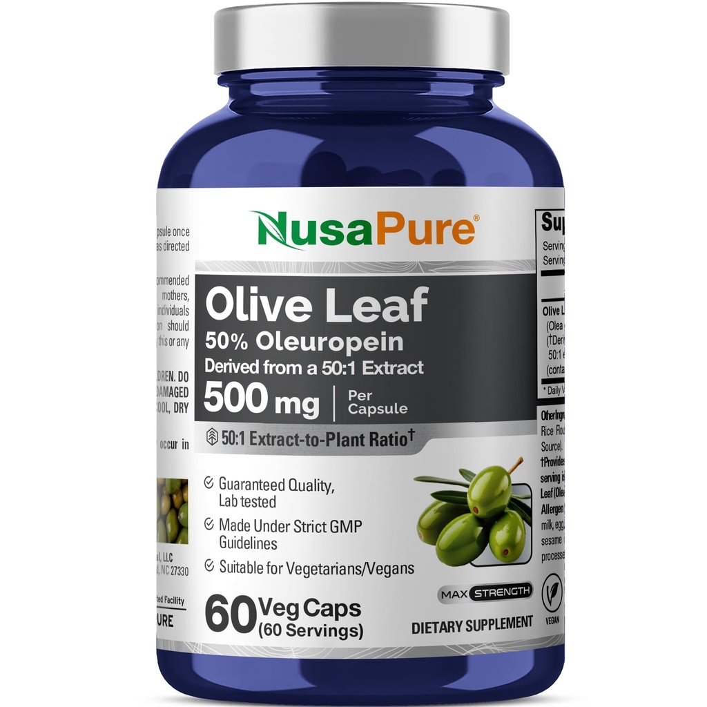 NusaPure Olive Leaf 50:1 Extrakt, 500 mg Äquivalent zu 25.000mg - 50% Oleuropein Vegan/Vegetarian - Super Strength No Oil 60 Kapseln