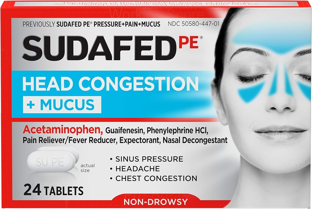 Sudafed PE Head Congestion + Mucus Tablets für Sinusdruck, Schmerz & Stau, 24 ct