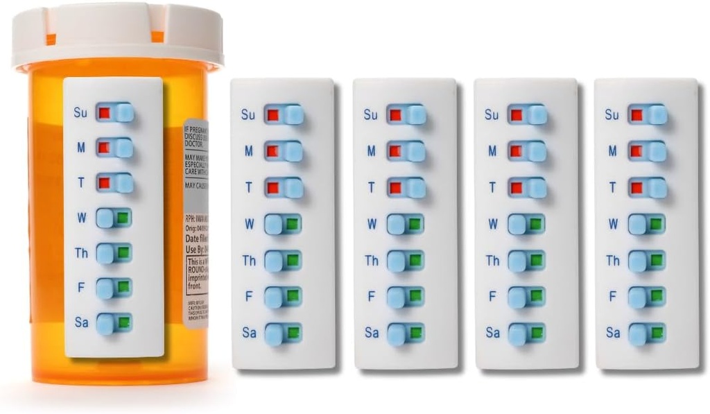 Take‐n‐Slide Peel und Stick wiederverwendbar für 12 + Refills, Pill/Medication/Vitamin/Pet Med Tracker & Reminder, Befestigen Sie Ihre Flasche, Organizer-frei, Curved‐Back (White, 5-Pack)