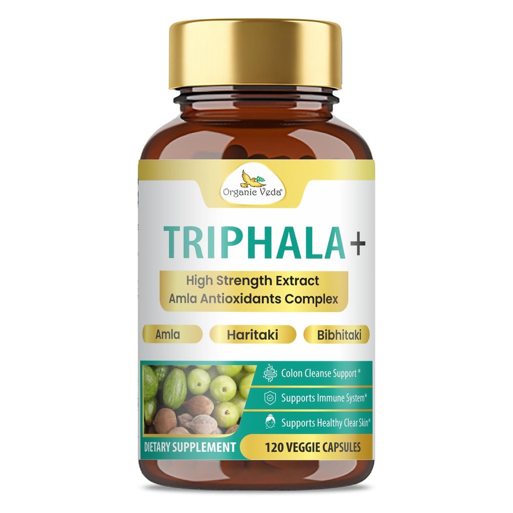 Capsules Veda Triphala Bio - Extraction d'Amla Ultra Concentré Supplément de Triphala Bio avec Vitamine C Naturelle - pour Nettoyage Colon, Radiance Peau, Immunité et Digestion - 120 Pills Vegan