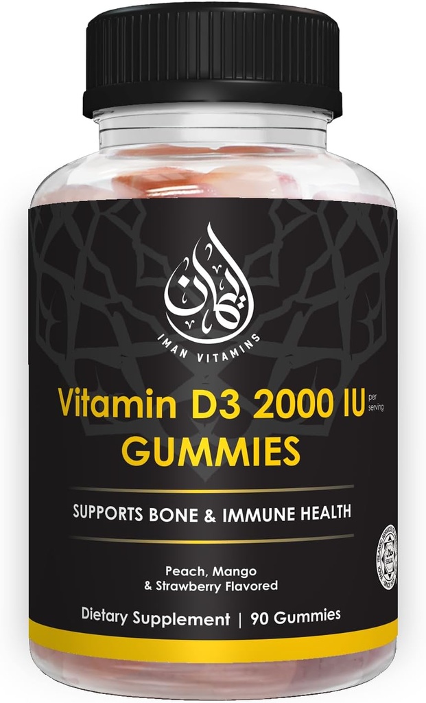 Halal Vitamin D3 Gummi für Erwachsene, Männer und Frauen | 1000IU - 2000IU | Unterstützt Knochen, Immunität und Herzgesundheit | Vegetarisch, Non-GMO, Glutenfrei | 45-90 Servierungen