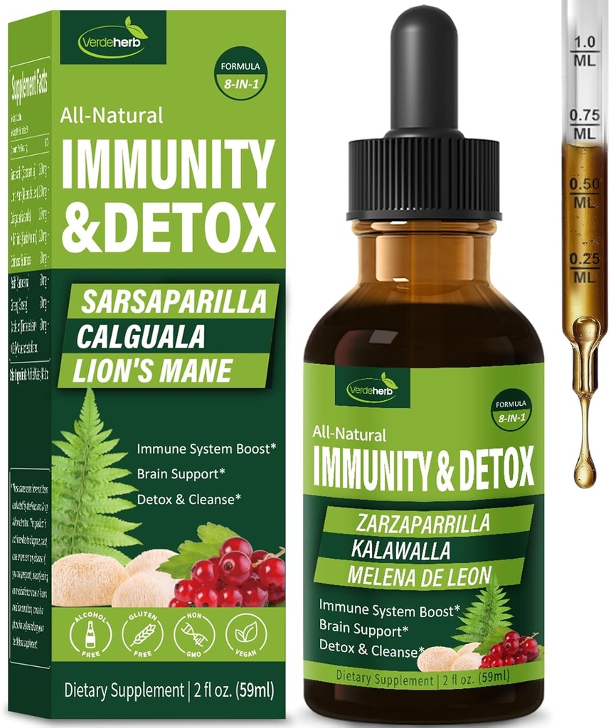 Sarsaparilla & Kalawalla Root (Polypodium Leucotomos) Immunität & Detox Tropfen, natürliche Kräuter Immununterstützung Formel w/Lion's Mane. Gotas de Zarzaparrilla, Cardo Mariano y Melena. 2oz