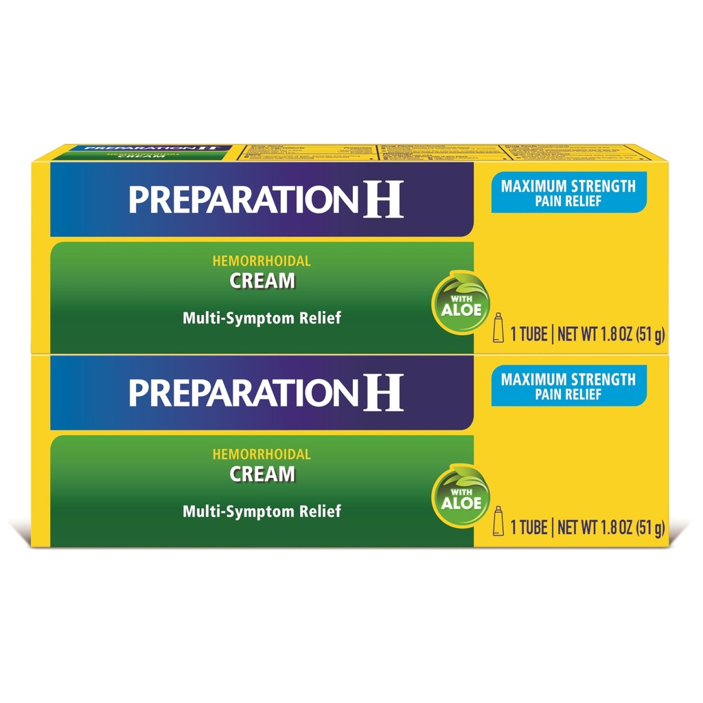 Préparation H Crème de traitement des symptômes hémorroïdes (2 x 1,8 Tube d'Once), résistance maximale soulagement de la douleur multisymptômes avec Aloe