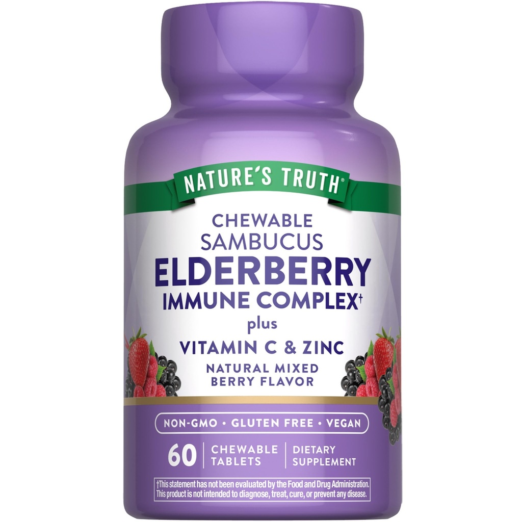 Nature's Truth Elderberry Immun Complex | 60 Kautabletten | Plus Vitamin C & Zink | Gemischte Beere | Vegan, Non-GMO, & Glutenfreie Ergänzung