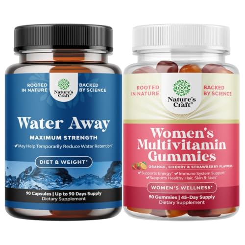 Bundle of Water Away Pills - Fluid Retention Supplement mit Dandelion Blatt Extrakt für Bloating Relief - Kapseln für Leg & Feet Swelling und Frauen Multivitamin Gummis für Erwachsene Energie & Immunität