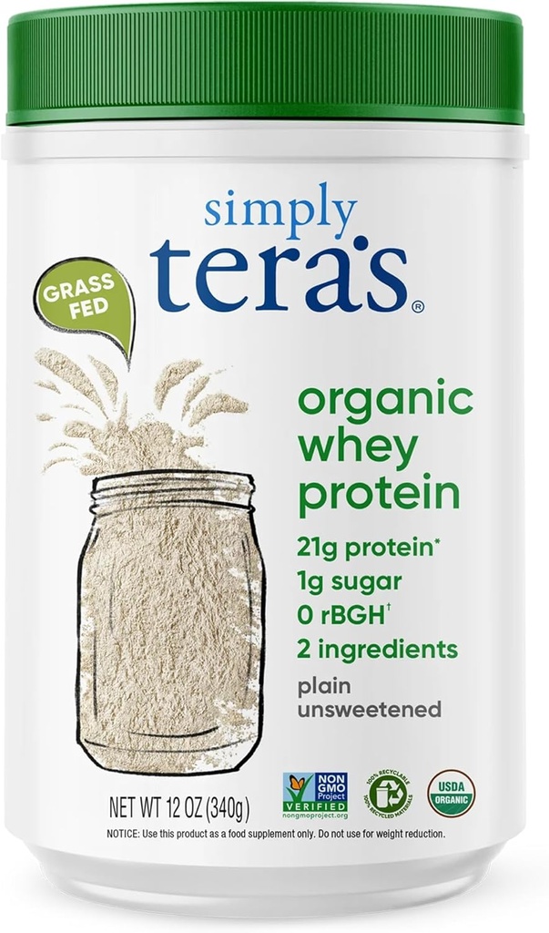 simply tera's Organic Whey Protein Powder - Grass Fed Whey Protein Powder Without Artificial Sweeteners, Unflavored, Non-GMO, Kosher, Gluten-Free - Plain Unsweetened 12 Oz.