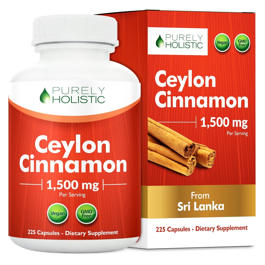 Rein ganzheitliche Ceylon Cinnamon Kapseln 1500mg, 225 Vegan Cinnamon Kapseln, 75 Tage Versorgung (25% mehr Servierungen), Wahre Sri Lanka Ceylon Cinnamon Ergänzung
