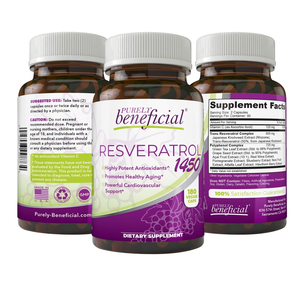 PURELY günstige RESVERATROL1450-90day Versorgung, 1450mg pro Servierung von potenten Antioxidantien & Trans-Resveratrol, fördert Anti-Aging, Herz-Kreislauf-Unterstützung, Maximale Vorteile(1bottle)
