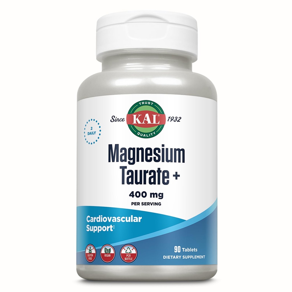 KAL Magnésium Taurate 400mg Plus Coenzyme Vitamine B6, supplément de magnésium chélaté, fonction musculaire saine, Nerve et soutien de santé cardiaque, sans gluten, végétalien, garantie de 60 jours, 45 portions, 90 comprimés