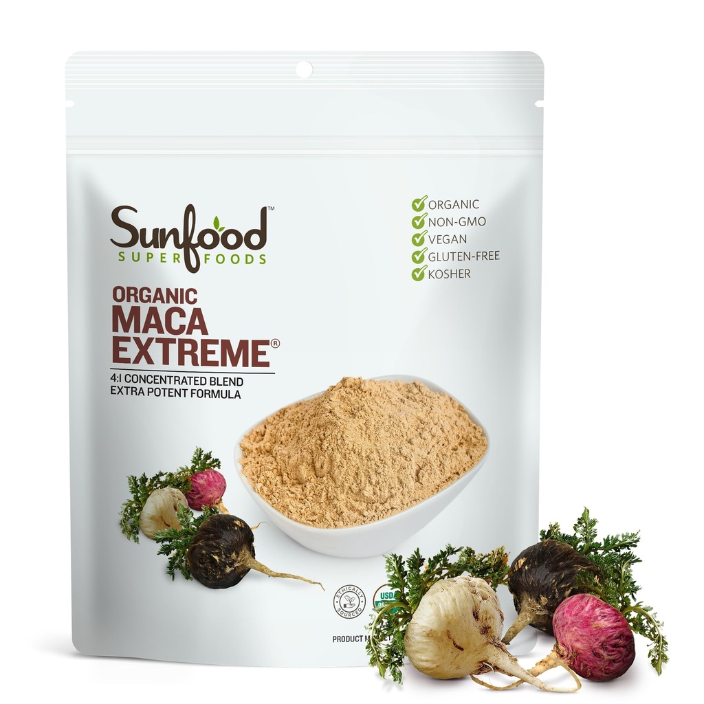 Sunfood Organic Maca Extreme - Maca Root Powder, Maca Powder Organic, Maca Supplement für Männer und Frauen mit Adaptogen, Peruvian, Raw, Vegan, Premium Maca Powder - 8 Oz Bag