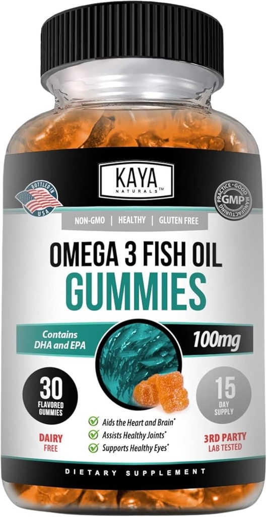 Kaya Naturals Omega 3 Fish Oil Gummis -Fish Oil Supplement mit EPA & DHA Fettsäuren - Hilft Brain, Auge, Herz-Gesundheit & Immununterstützung - Non-GMO - 30 Count