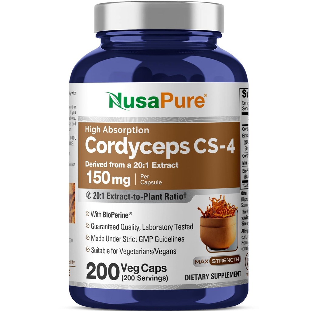 NusaPure Cordyceps 20:1 Extrakt, 150 mg Equivalent zu 3.000mg 200 Veggie Kapseln (Sinensis CS-4, Non-GMO, Vegan) Bioperine