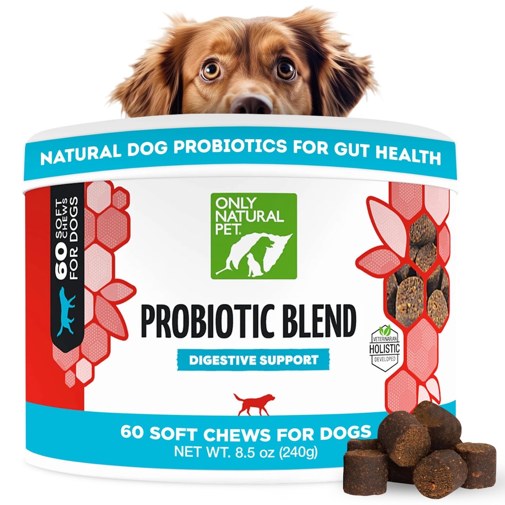 Nur natürliches Tier Probiotic Hunde- und Katzenergänzung - Verdauungs- & Gut Gesundheit Enzym Formel, Welpen & Canine Digestive Chews, Best for Stomach Relief & Gas Aid - Soft Chews, 60 Count.