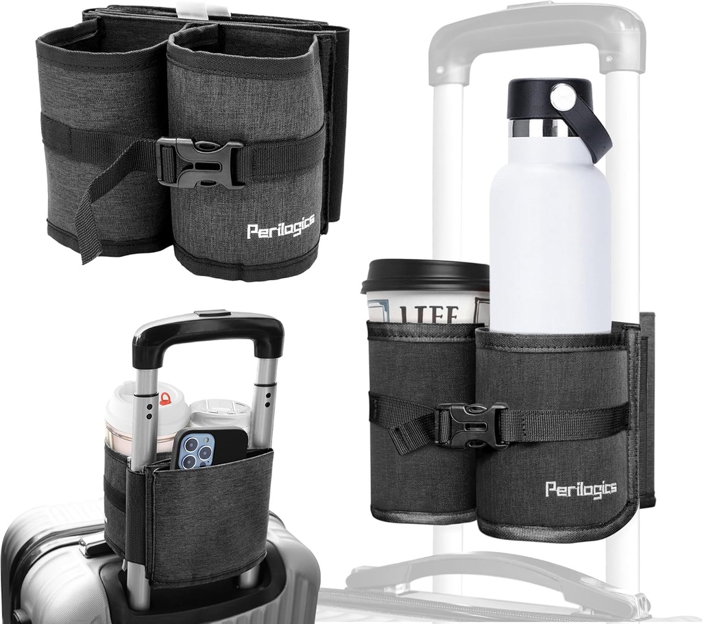 Perilogics Gepäck Reisebegleiter Hands Kostenloses Getränk Caddy für Koffer Griff. Perfect Airplane Travel Essential Accessory Geschenk für häufige Reisende, Flugbegleiter oder mit Kindern (Dark Gray)